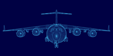 A detailed 3D wireframe model of an aircraft on a solid blue background, showcasing the intricate blueprint design. The transparent mesh structure highlights the plane's engineering and aerodynamic. © German Ovchinnikov