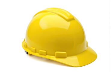 Fototapeta premium Bright yellow hard hat, construction safety helmet isolated on white background. Essential protective headgear for builders, engineers, contractors, workers in construction, industry, repair jobs.