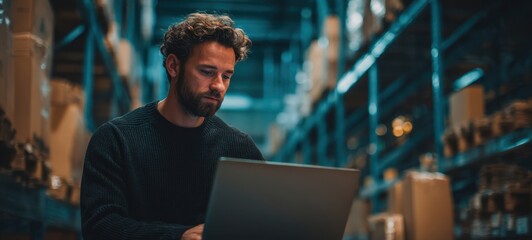 The focused man working on a laptop in a modern warehouse environment.