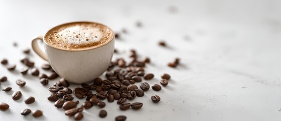 The cozy coffee cup surrounded by scattered roasted coffee beans.