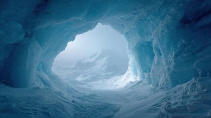 Blue-toned ice cave opening to a snowy, mountainous landscape under hazy skies