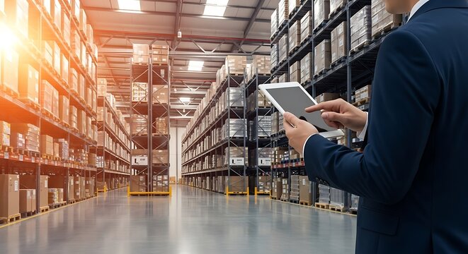Man in suit uses tablet in a brightly lit warehouse with tall shelves of boxes