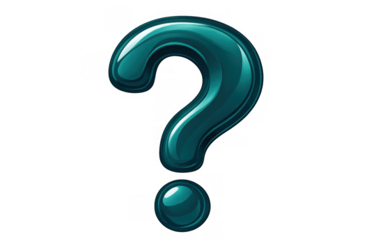 Shiny teal question mark floating on a transparent background, representing curiosity, inquiry, and problem-solving