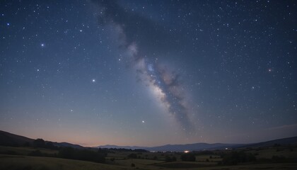Fototapeta premium Stunning Milky Way galaxy arches over serene rolling hills and distant village lights under a starry night sky.