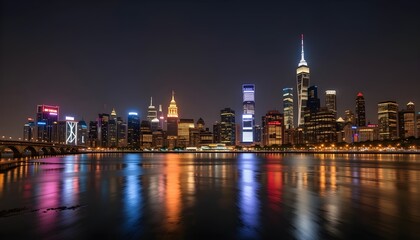 Stunning city skyline illuminated at night with vibrant lights reflecting on calm water