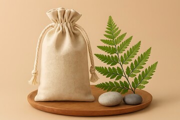 bag mockup with stones and leaf isolated on cream background