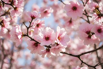 Obraz premium cherry blossom flowers and petals, wedding decorations spring cherry blooms isolated on white for Japanese floral design, pink sakura blossom flowers with delicate petals and red stamens, wallpaper