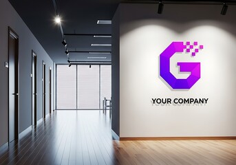Modern purple letter g logo with digital pixel effect, displayed on a wall in a contemporary office hallway, representing technology and business