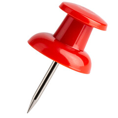 Bold Red Tack Isolated On White Background: A vibrant close-up captures a shiny, bold red tack, a simple yet essential stationery item, with its sharp point poised.
