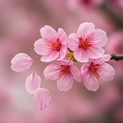 cherry blossom flowers and petals, wedding decorations spring cherry blooms isolated on white for Japanese floral design, pink sakura blossom flowers with delicate petals and red stamens, wallpaper