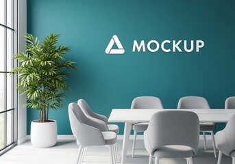 Modern office meeting room with teal walls, white table, grey chairs, and a large window with a plant, perfect for business presentations and mockups