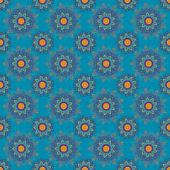 A seamless digital illustration of a vibrant mandala pattern featuring floral and geometric elements. This design blends boho and traditional Asian motifs with bold colors including teal, magenta.