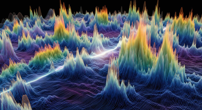 A vibrant 3D data visualization landscape with colorful peaks and valleys representing complex analytics and information flow.