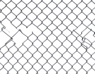 Damaged chain-link fence section against white background