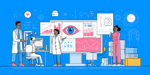 Team of diverse scientists collaborates in futuristic lab, utilizing advanced technology and data analytics to enhance precision health. scene is vibrant and innovative