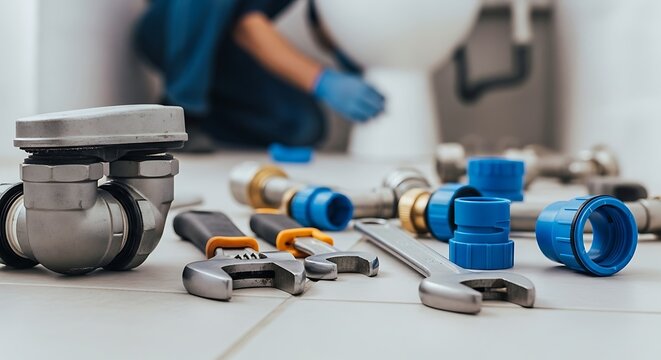 Plumbers tools and pipes laid out on a tiled floor a plumber works in the background