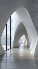 White, sculpted corridor with large windows, looking out to a sea view
