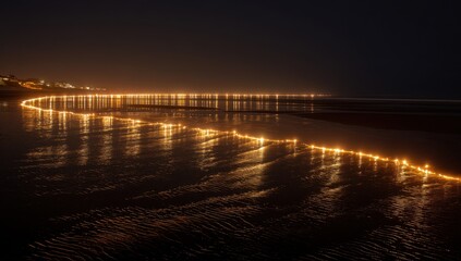 Fototapeta premium Sparkling wave reflection on a beach at night with town lights along shore
