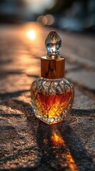 Amber perfume bottle on stone path at sunset