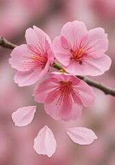 Obraz premium cherry blossom flowers and petals, wedding decorations. pink sakura blossom flowers with delicate petals and red stamens - spring cherry blooms isolated on white for Japanese floral design, 
