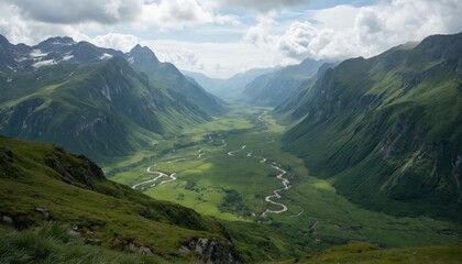 Obraz premium Expansive green valley seen from above with winding rivers flowing through rich meadows. Rugged mountain peaks surround serene landscape under partly cloudy sky, creating majestic natural panorama.