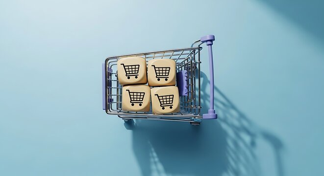 Shopping cart with four cubes each with a shopping cart icon