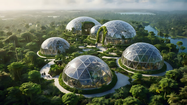 Futuristic greenhouse city inside a geodesic dome, with jungle ecosystems and high-tech habitat bubbles integrated seamlessly - Powered by Adobe