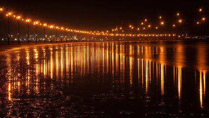 Fototapeta premium Row of streetlights reflected on dark water, creating a shimmering, warm glow