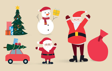 Christmas Vector Set with Santa, Tree, Gifts and Snowman. Perfect for holiday cards, banners, posters, packaging, and digital content. Ideal for seasonal projects and winter promotions.