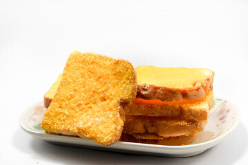Crispy yellow buttery toast, delicious for morning and evening on a white background.