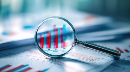 The analysis of financial trends using a magnifying glass on data reports.