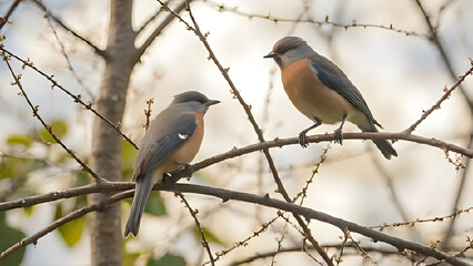 Fototapeta premium A Pair of Birds on a Tree Branch with a Blurry Background