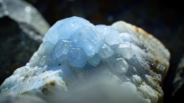A close up view of a light blue celestite crystal cluster on a rocky surface in the daylight