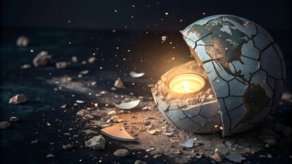 A symbolic representation of earth as a fragile globe, cracked and broken, with a candle inside representing hope and the need for environmental awareness and protection against global crises