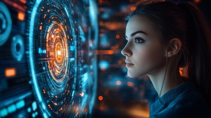 A woman looks at a holographic interface, useful for articles on technology and innovation.