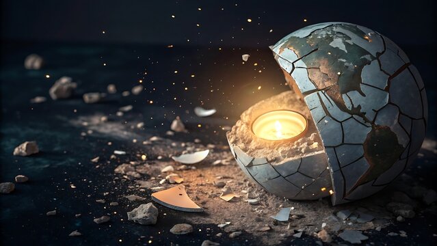 A symbolic representation of earth as a fragile globe, cracked and broken, with a candle inside representing hope and the need for environmental awareness and protection against global crises - Powered by Adobe