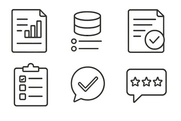 Icon set representing data analysis, database, checklist, approval, rating, and statistics