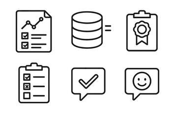 Data storage, checklist, certification, approval, and feedback icons in black and white design