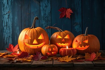 Obraz premium Several carved halloween pumpkins with glowing faces and autumn leaves, illuminated by candlelight against a rustic blue wooden background