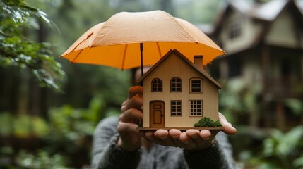 Hands holding a miniature house under an orange umbrella, useful for articles on real estate and property protection.