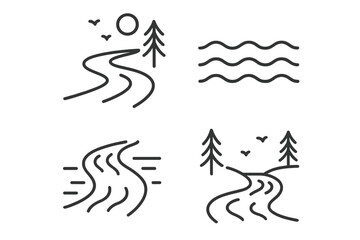 Obraz premium Nature icons: river, trees, waves, birds in minimalist line art style