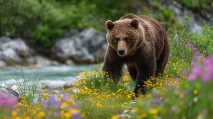 Fototapeta premium A brown bear strolls through a vibrant field of wildflowers by a flowing river. The bear is surrounded by greenery and colorful blooms, showcasing a peaceful moment in nature