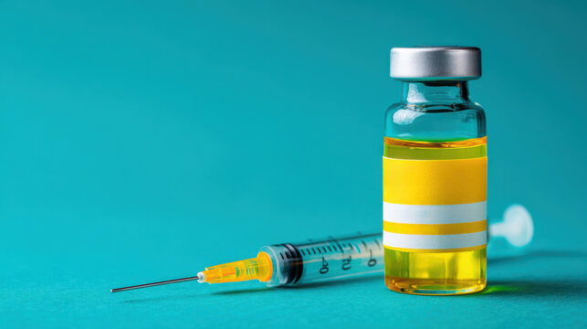 A syringe stands next to a glass vial filled with yellow liquid on a smooth blue surface. The medical supplies suggest preparation for an injection in a clinical environment