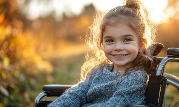 Happy handicapped child sitting in a wheelchair outdoors. Strong, independent girl with a disability, Generative AI