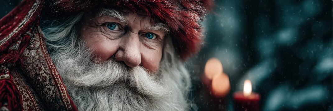 Santa Claus in warm winter attire smiling in a snowy forest with glowing candles during a festive evening