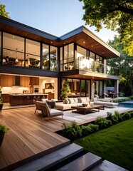 Modern house exterior with patio and pool