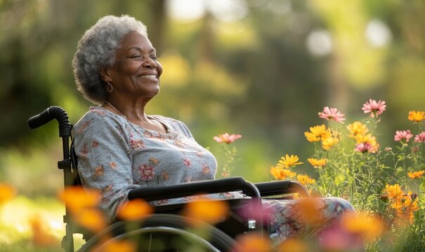 Senior Black woman sitting in a wheelchair in a nursing home garden enjoying fresh air and flowers, Generative AI