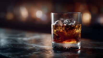 A glass of whiskey with ice cubes against a dimly lit bar backdrop