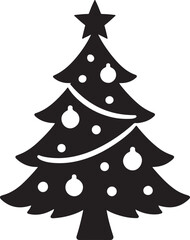 A silhouette of a Christmas tree with ornaments, festive design, black vector on white