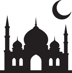 A silhouette of mosque with crescent moon, Islamic theme, clean vector on white